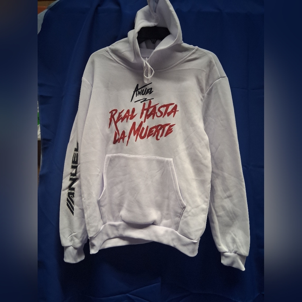 NWOT White Hip Hop Hoodie with Red Print Real Hasta Da Muerte